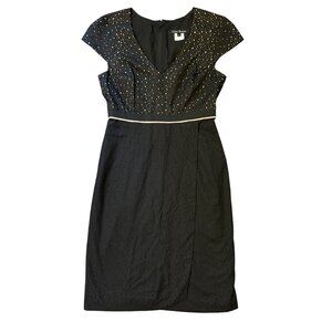 $520 Lida Baday 6 Midi Sheath Dress Black Tan Eyelet Faux Wrap Minimalist LBD